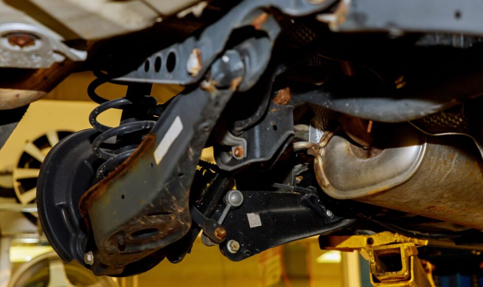 Brakes and suspension Brakes on a car with removed wheel